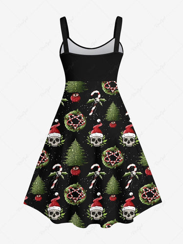 💗Danae_lovecraft Loves💗 Gothic Plus Size Skeleton Christmas Tree Hat Wreath Skulls Candy Print Tank Dress