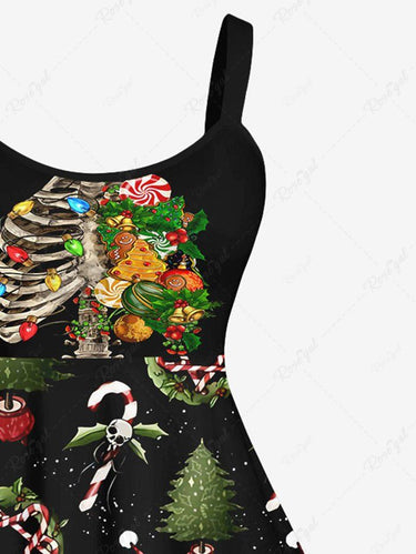 💗Danae_lovecraft Loves💗 Gothic Plus Size Skeleton Christmas Tree Hat Wreath Skulls Candy Print Tank Dress