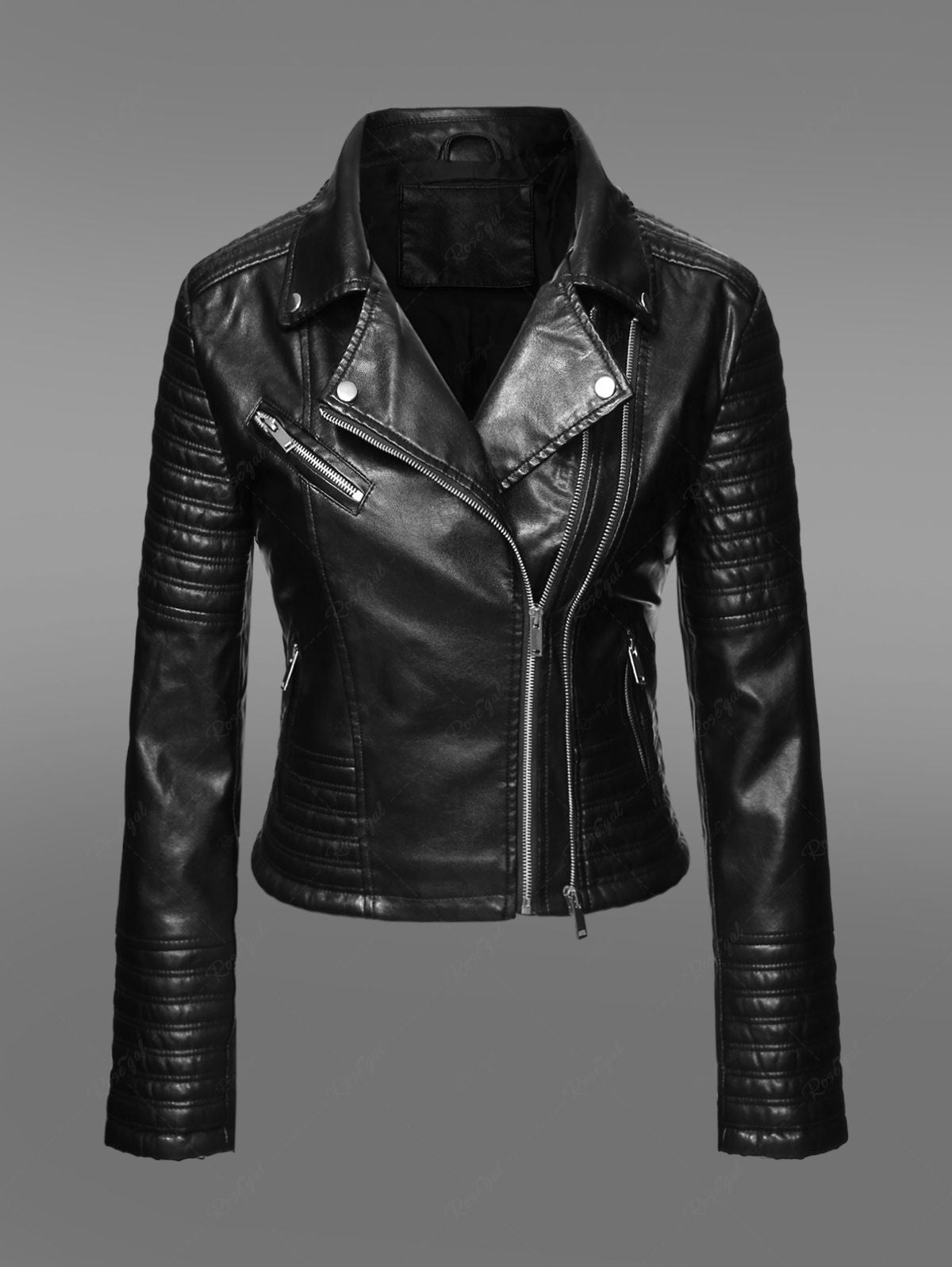 Gothic Notched Collar Faux Leather Panel Zipper Topstitching Long Slee