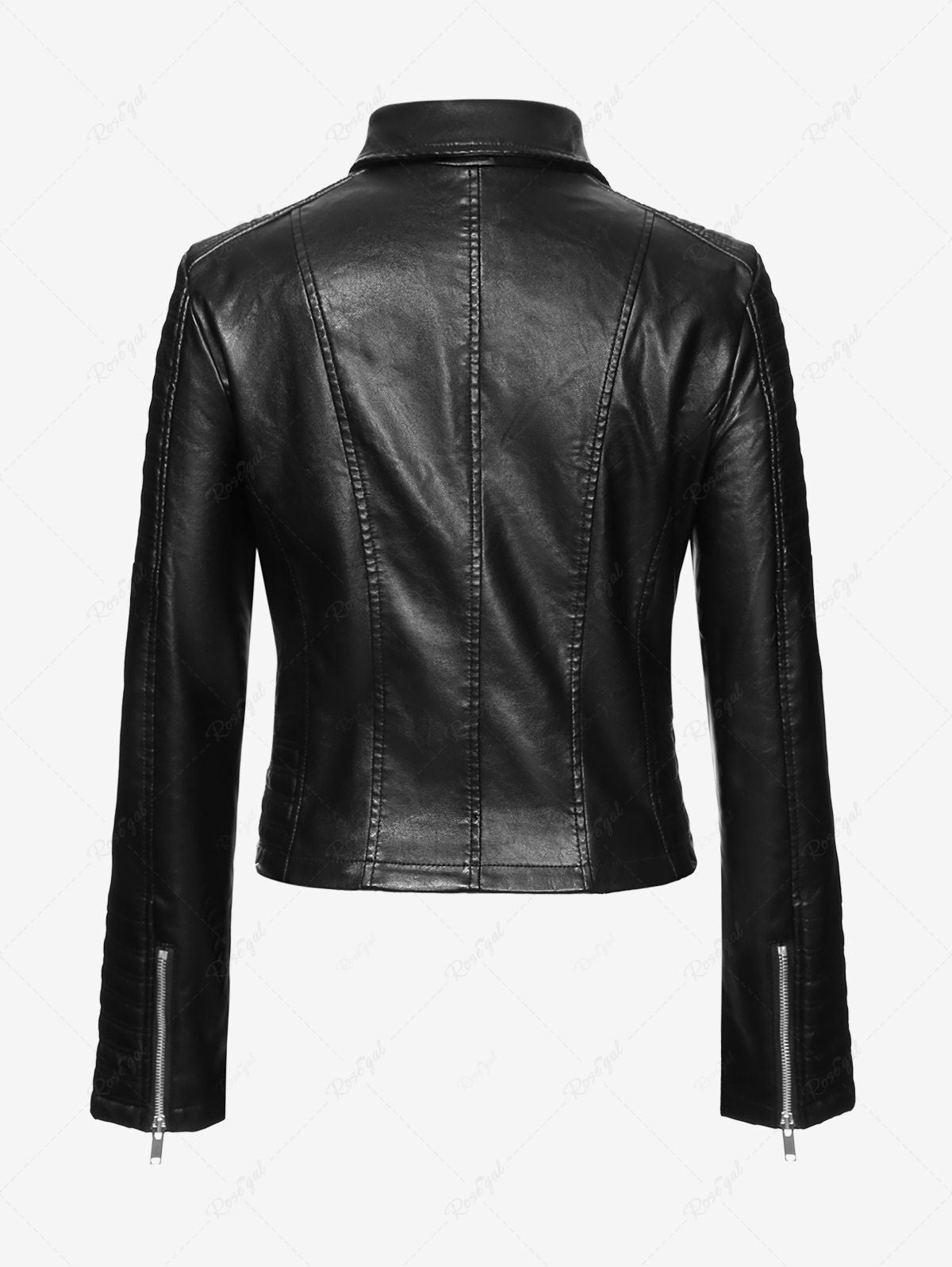 Gothic Notched Collar Faux Leather Panel Zipper Topstitching Long Slee