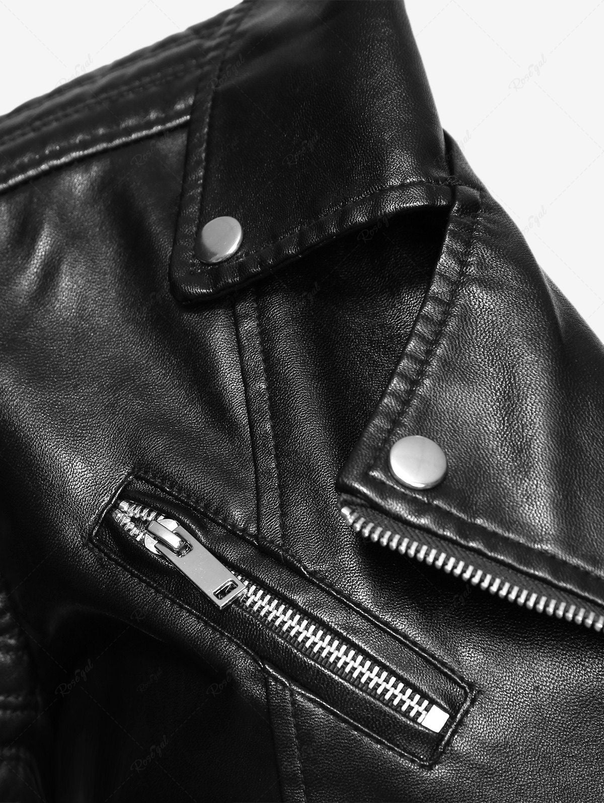 Gothic Notched Collar Faux Leather Panel Zipper Topstitching Long Slee