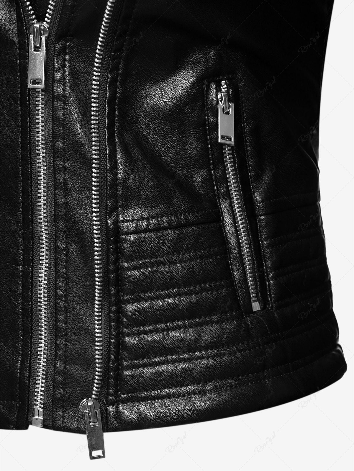 Gothic Notched Collar Faux Leather Panel Zipper Topstitching Long Slee