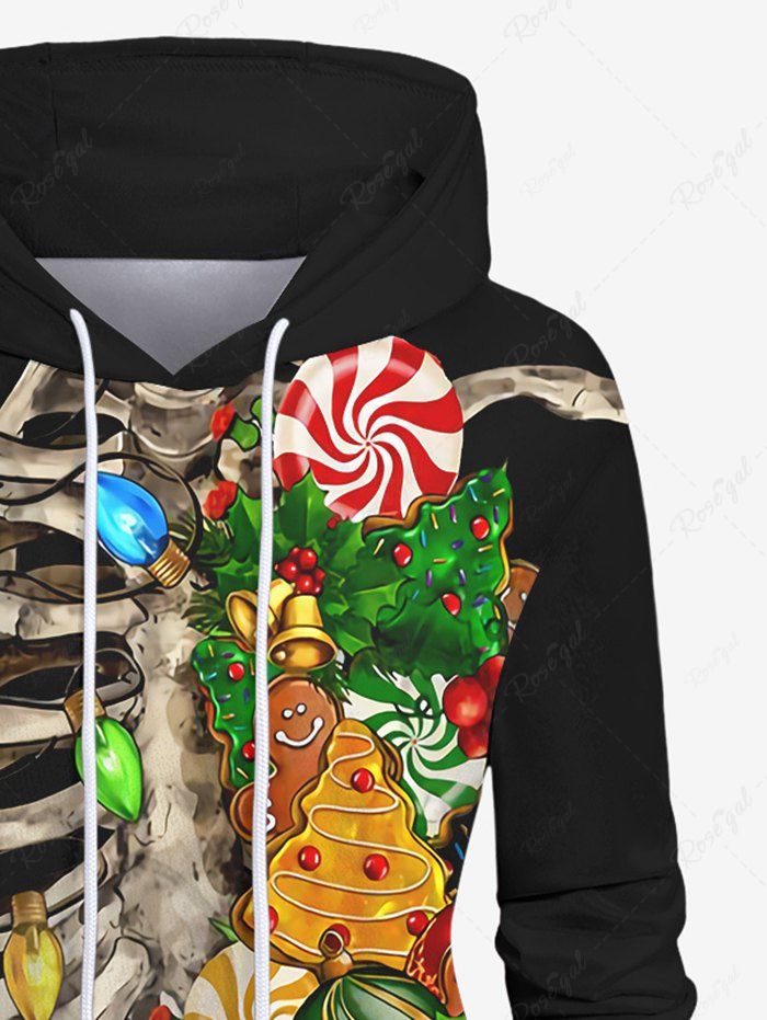 Gothic 3D Skeleton Christmas Tree Light Candy Gingerbread Bell Print Pocket Pullover Hoodie