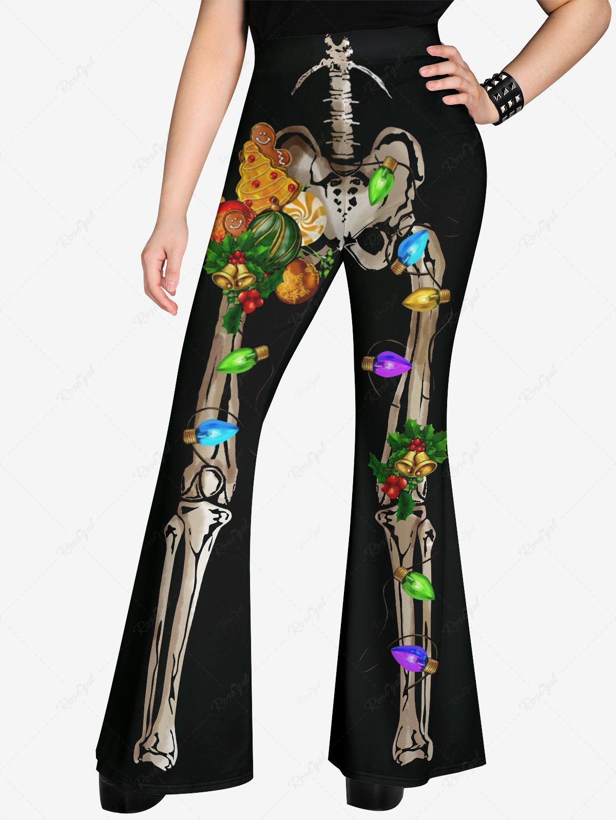 Gothic 3D Colorful Skeleton Christmas Light Bell Candy Gingerbread Print Flare Pants