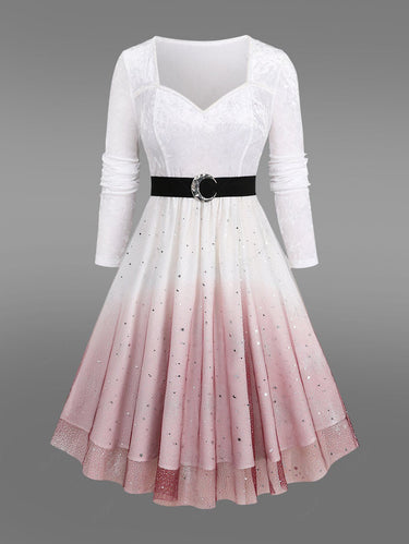 Gothic Plus Size Christmas Glitter Moon Star Sequins Mesh Layered Ombre Buckle Belted Patchwork Velvet A Line Midi Dress(3 Days Delivery)