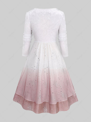 Gothic Plus Size Christmas Glitter Moon Star Sequins Mesh Layered Ombre Buckle Belted Patchwork Velvet A Line Midi Dress(3 Days Delivery)