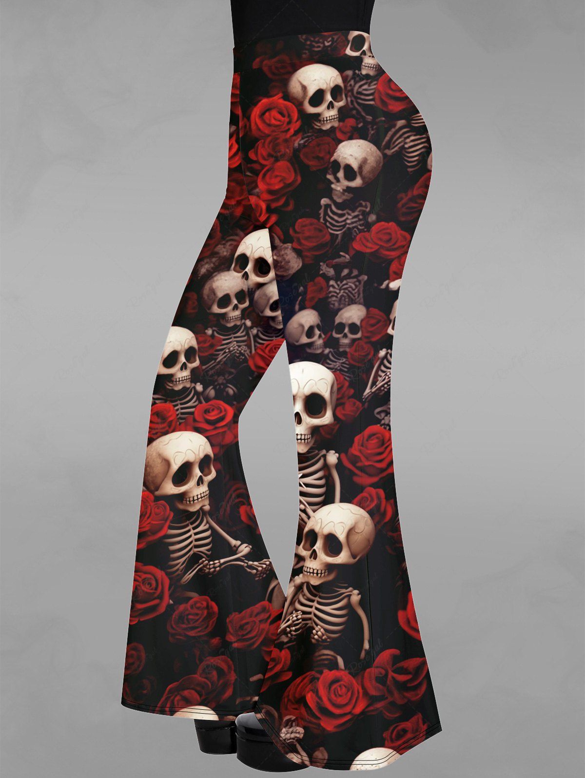Gothic Valentine's Day 3D Skulls Skeleton Halloween Rose Flower Print Flare Pants