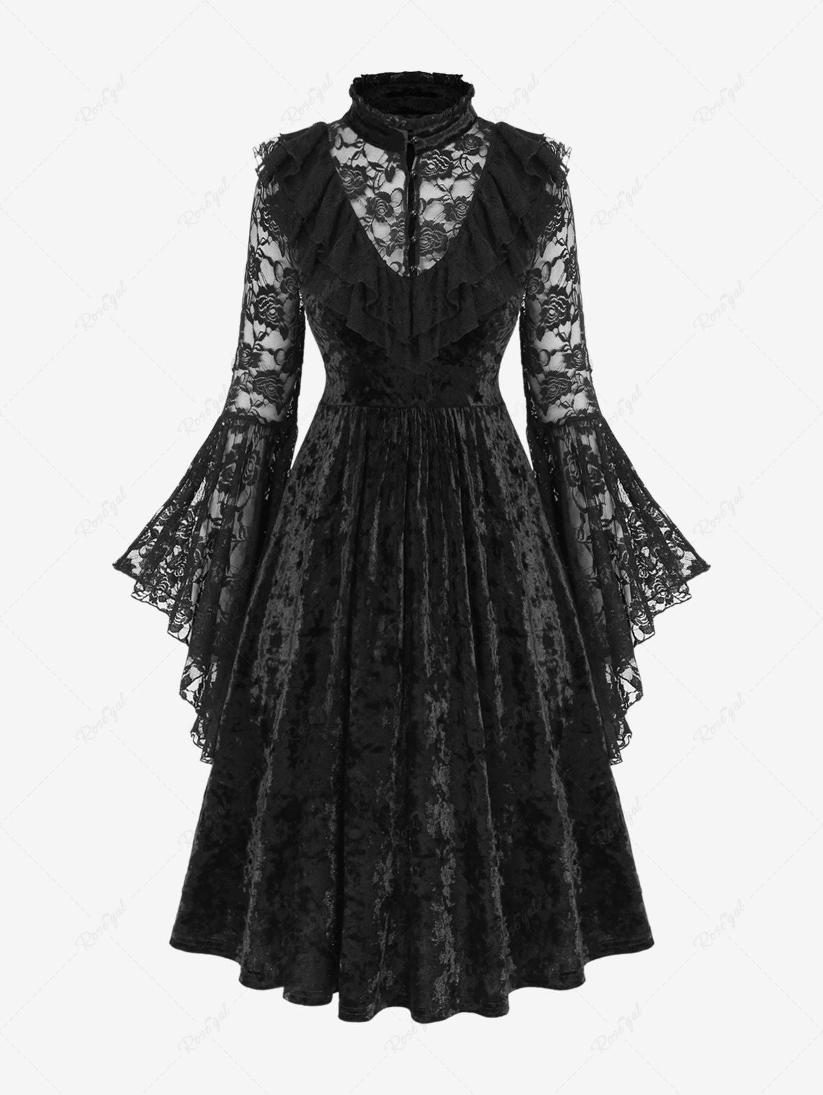 Gothic Lace Floral Panel Flare Sleeves Ruffles A Line Velvet Buttons Bride Dress