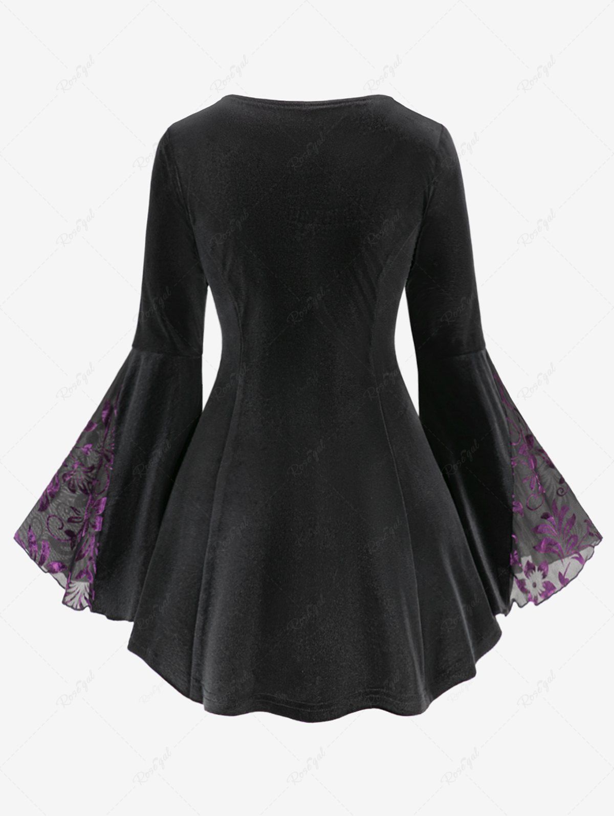 Gothic Floral Flocking Lace Up Ruched Long Flare Sleeves Patchwork Velvet Blouse