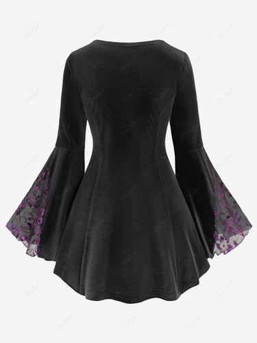 Gothic Plus Size Floral Flocking Lace Up Ruched Long Flare Sleeves Patchwork Velvet Blouse