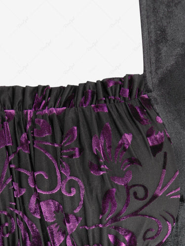 Gothic Plus Size Floral Flocking Lace Up Ruched Long Flare Sleeves Patchwork Velvet Blouse