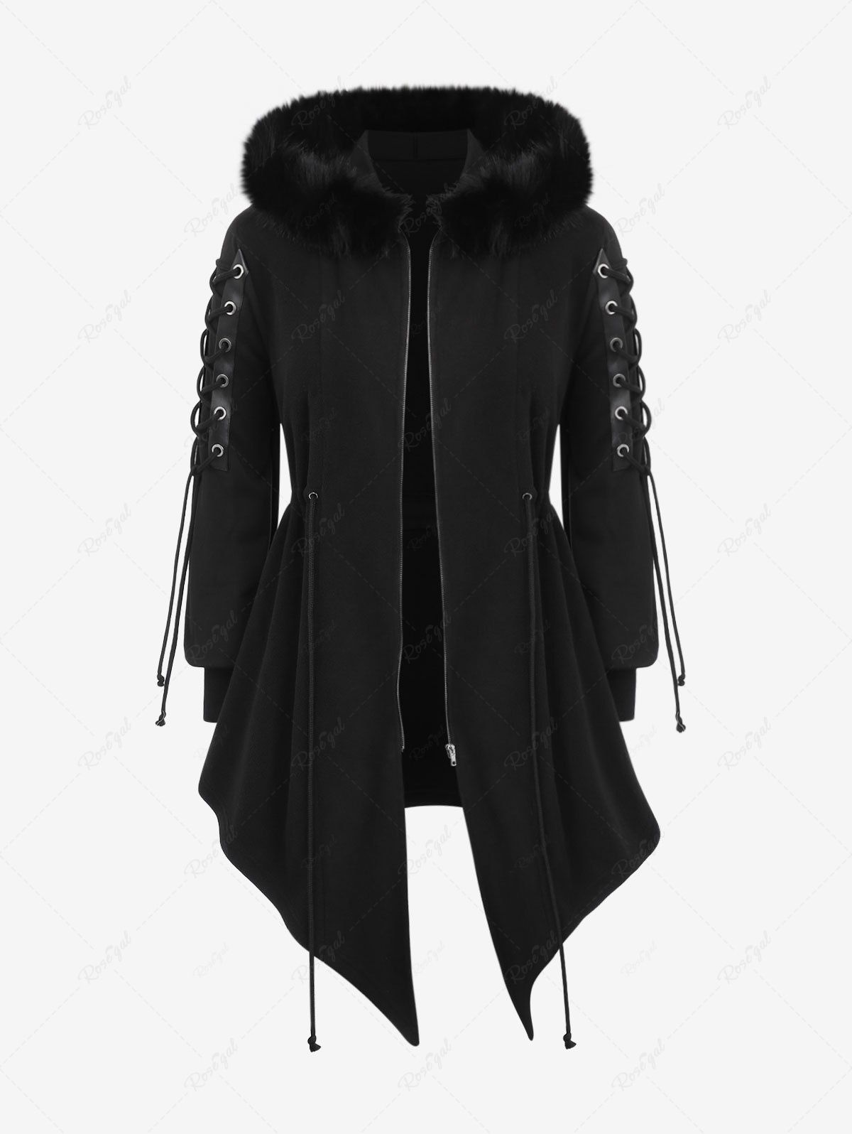 Gothic Fluffy Fur Trim Full Zipper Lace Up Drawstring Asymmetric Hooded Long Sleeves Coat