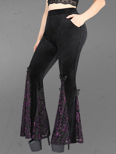 Gothic Plus Size Butterfly Applique Split Floral Flocking Velvet Patchwork Pockets Pull On Flare Pants