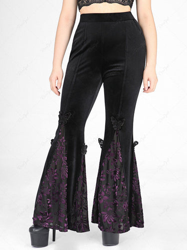 Gothic Plus Size Butterfly Applique Split Floral Flocking Velvet Patchwork Pockets Pull On Flare Pants