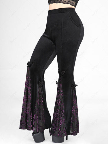 Gothic Plus Size Butterfly Applique Split Floral Flocking Velvet Patchwork Pockets Pull On Flare Pants
