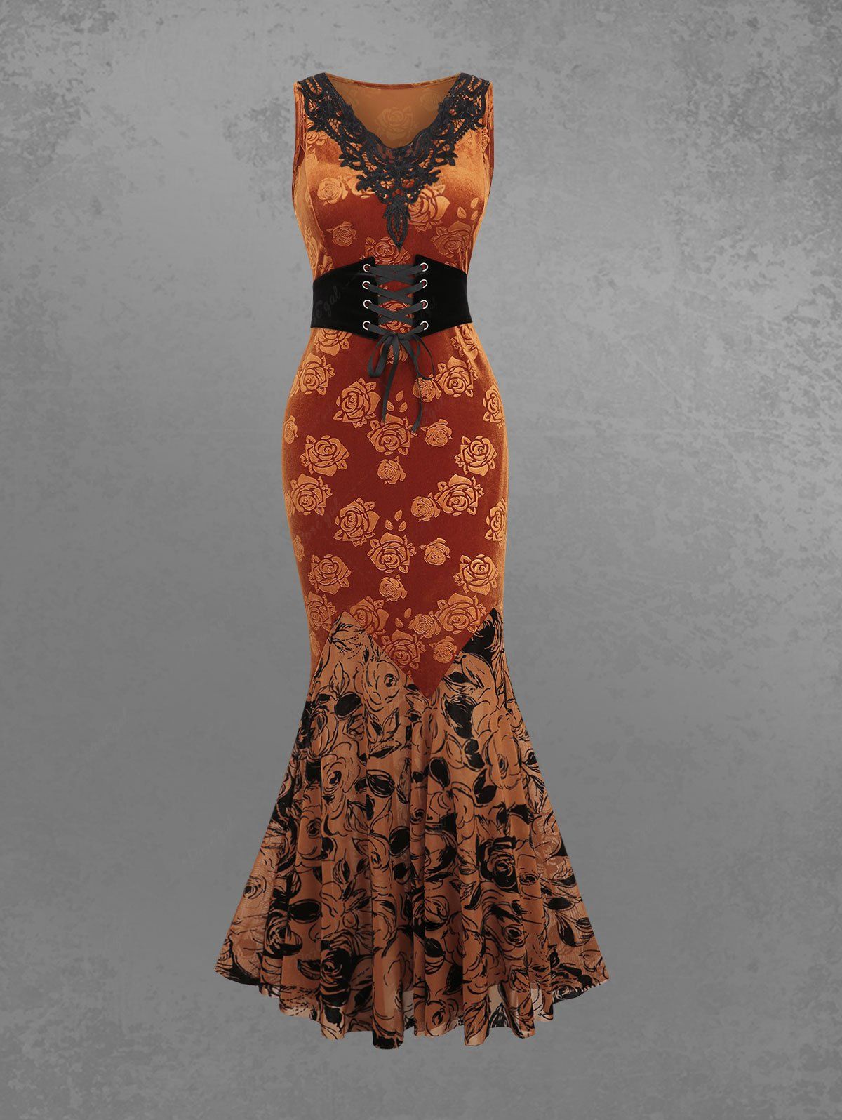 Gothic Lace Applique Gilding Flower Mesh Flocking Lace-up Velvet Patchwork Corset Sleeveless Mermaid Dress