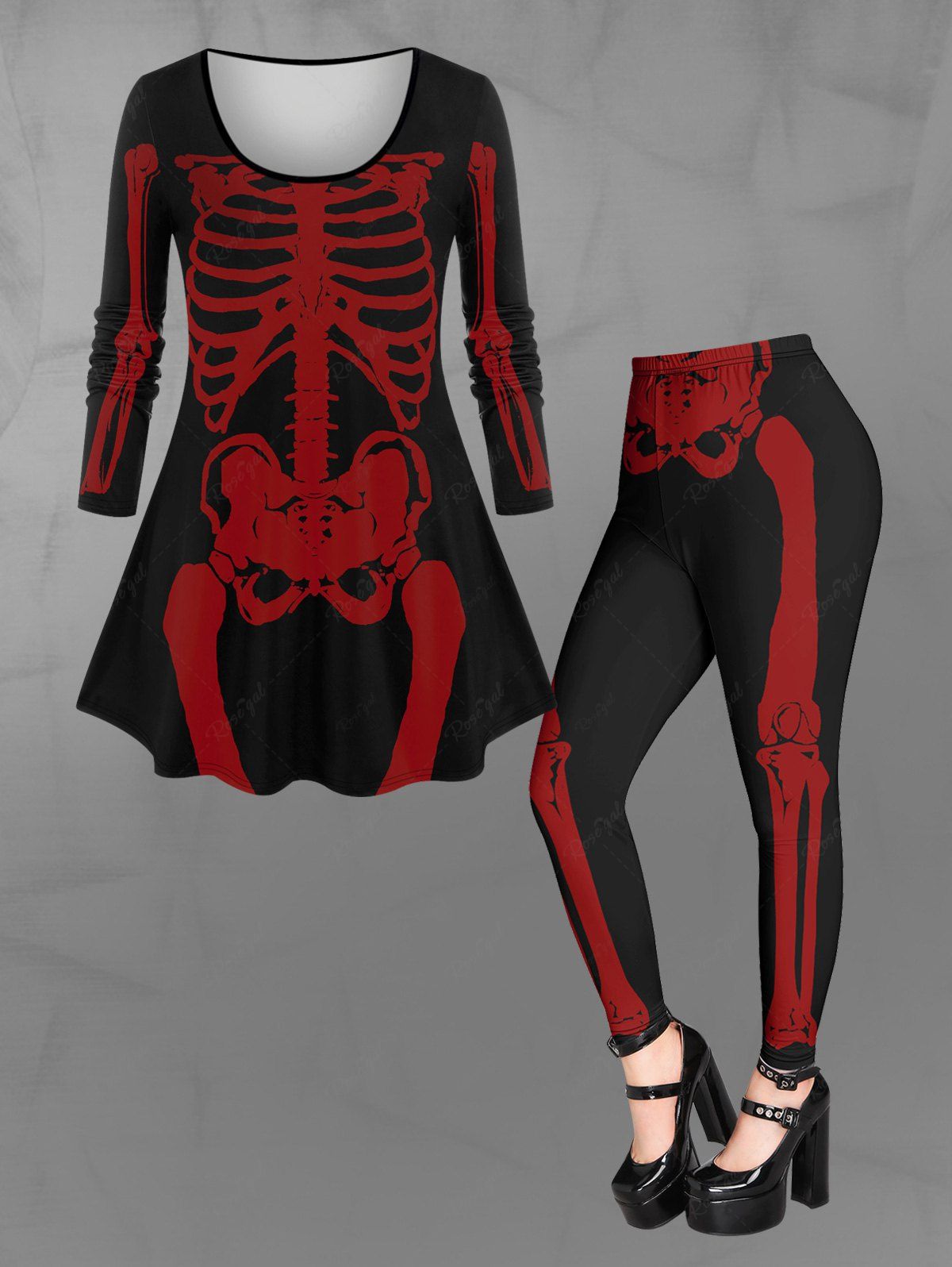 Gothic Skeleton Print Long Sleeves Top and Skinny Pants Pajama Set