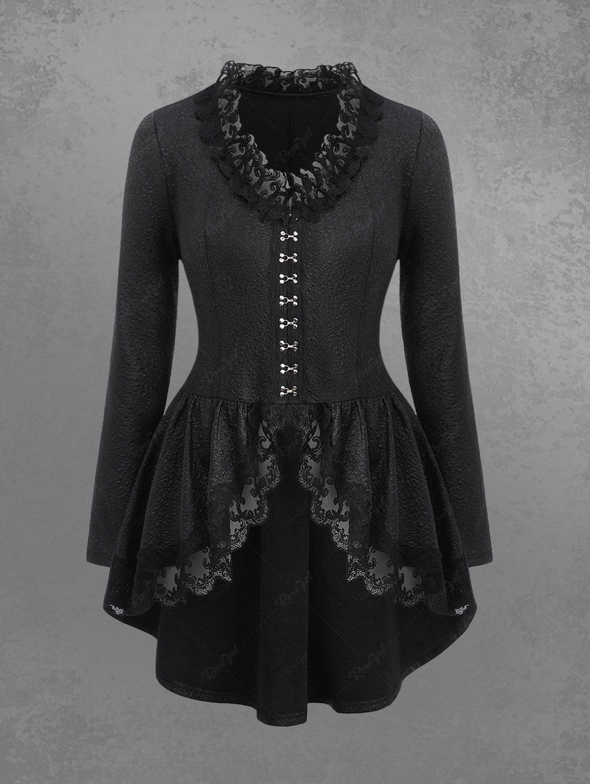 💗Lauren Loves💗 Gothic Crack Textured Floral Lace Trim Hook and Eye Ruffles Asymmetric High Low Long Sleeves Coat