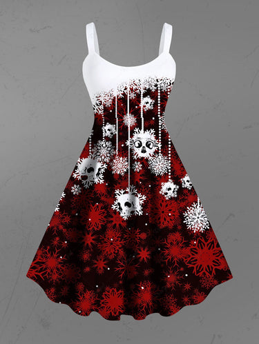 Gothic Plus Size Skulls Snowflake Christmas Ball Print Ombre A Line Tank Party Dress