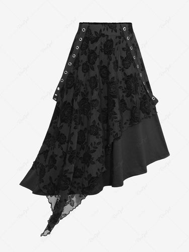 Gothic Plus Size Rose Flower Mesh Flocking Layered Grommet Asymmetric A Line Suspender Skirt