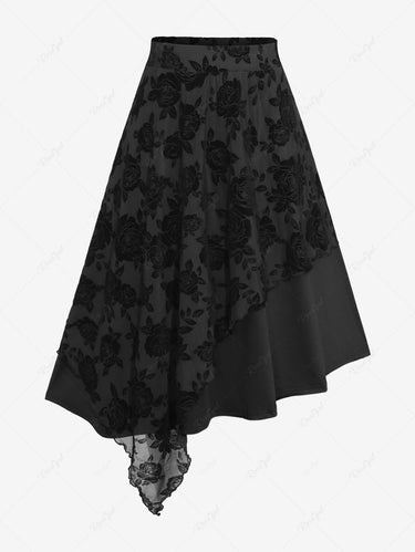 Gothic Plus Size Rose Flower Mesh Flocking Layered Grommet Asymmetric A Line Suspender Skirt