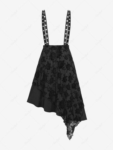 Gothic Plus Size Rose Flower Mesh Flocking Layered Grommet Asymmetric A Line Suspender Skirt