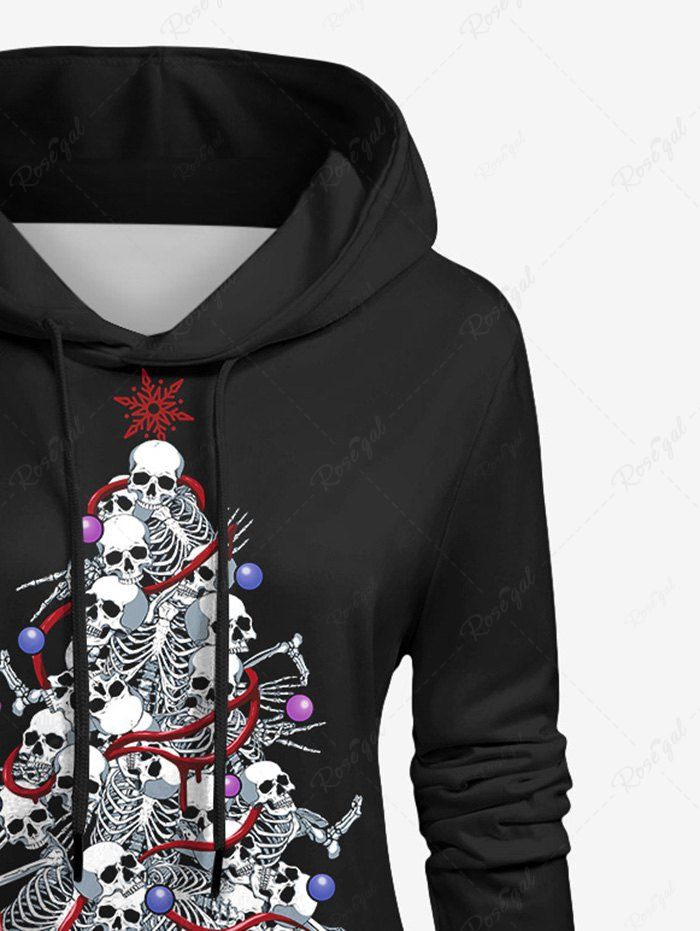 Gothic Skulls Skeleton Christmas Tree Print Pocket Drawstring Pullover Long Sleeves Hoodie