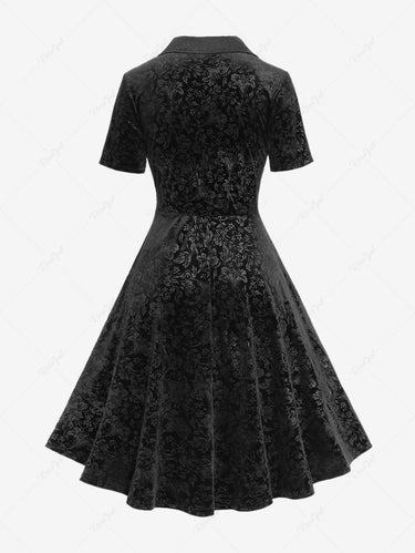 Gothic Plus Size Glitter Floral Embossed Velvet Cracked Textured Zipper Rivet Turn-down Collar Patchwork A Line Dress