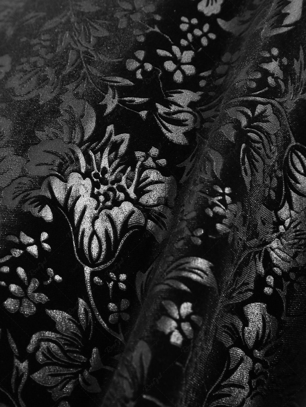 Gothic Glitter Floral Embossed Velvet Cracked Textured Zipper Rivet Turn-down Collar Patchwork A Line Dress