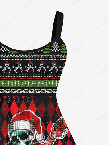 Gothic Christmas Tree Snowman Elk Skulls Skeleton Striped Plaid Guitar Print Ombre A Line Tank Dress