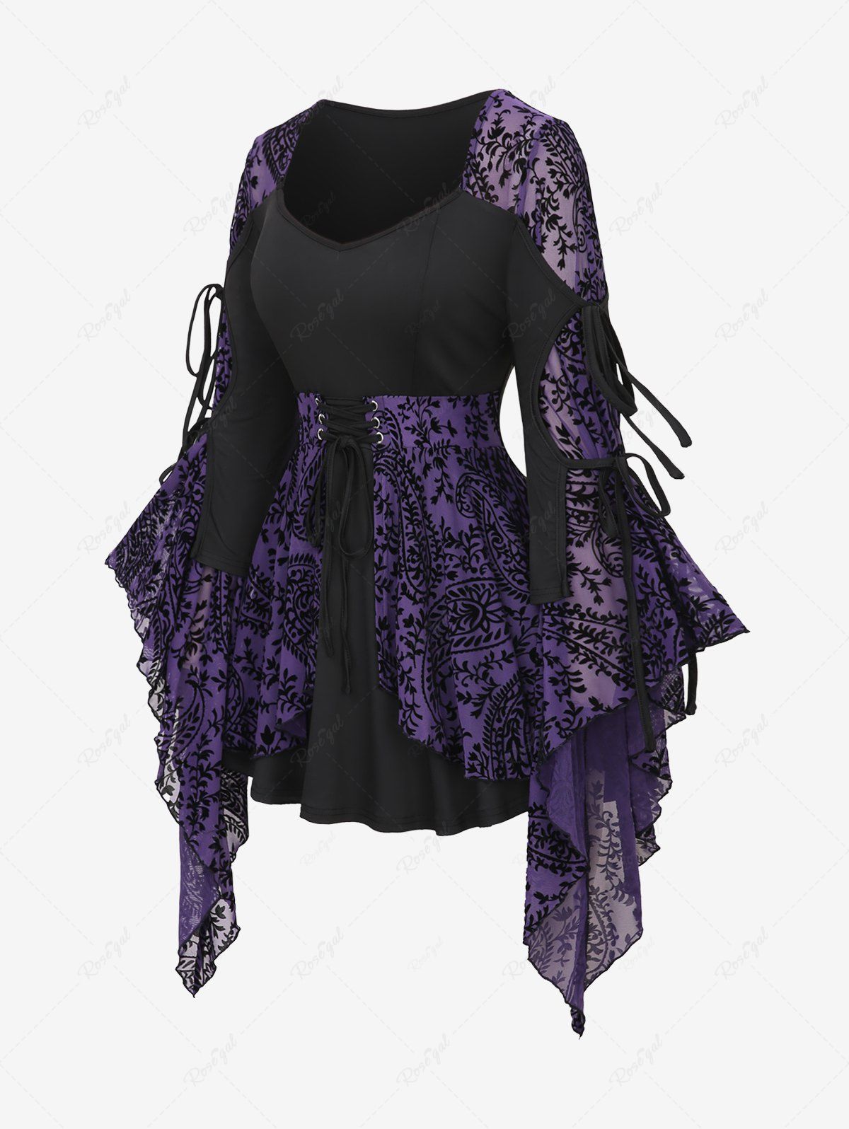 Gothic Tied Flare Sleeves Floral Vine Paisley Mesh Flocking Lace Up Layered Patchwork 2 in 1 Blouse