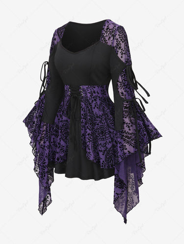 Gothic Plus Size Tied Flare Sleeves Floral Vine Paisley Mesh Flocking Lace Up Layered Patchwork 2 in 1 Halloween Blouse