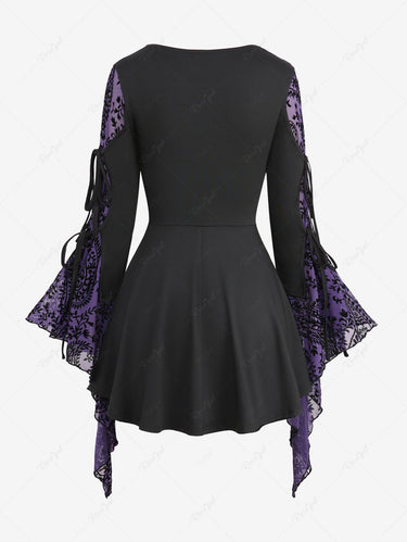 Gothic Plus Size Tied Flare Sleeves Floral Vine Paisley Mesh Flocking Lace Up Layered Patchwork 2 in 1 Halloween Blouse