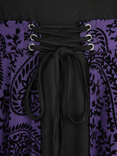 Gothic Plus Size Tied Flare Sleeves Floral Vine Paisley Mesh Flocking Lace Up Layered Patchwork 2 in 1 Halloween Blouse