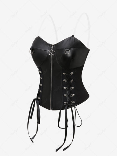 Gothic Pentagram Full Zipper O-Ring PU Panel Hook and Eye Lace Up Corset with Adjustable Shoulder Strap