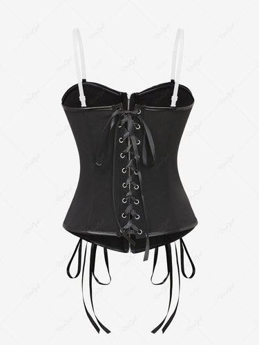 Gothic Pentagram Full Zipper O-Ring PU Panel Hook and Eye Lace Up Corset with Adjustable Shoulder Strap