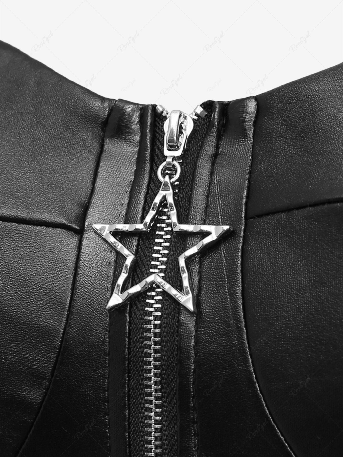 Gothic Pentagram Full Zipper O-Ring PU Panel Hook and Eye Lace Up Corset with Adjustable Shoulder Strap