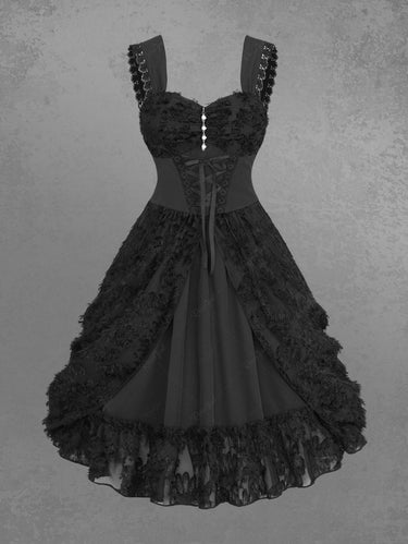 Gothic Plus Size Faux Pearl Chain Lace Up Feather Chrysanthemum Jacquard Layered Ruched A Line Corset Tank Dress