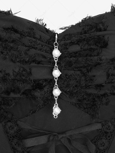 Gothic Plus Size Faux Pearl Chain Lace Up Feather Chrysanthemum Jacquard Layered Ruched A Line Corset Tank Dress