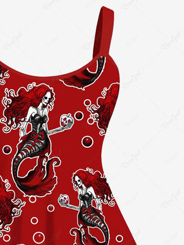 Gothic Plus Size Skeleton Mermaid Apple Bubble Print Christmas A Line Tank Dress