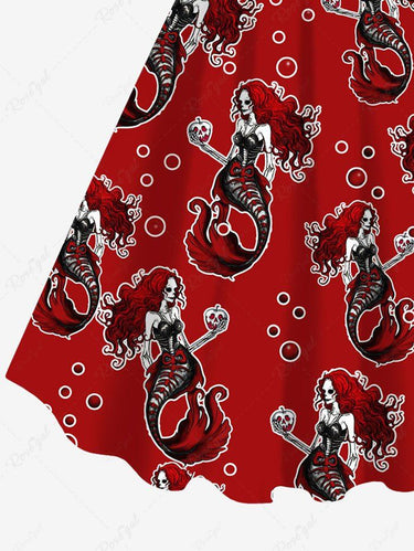 Gothic Plus Size Skeleton Mermaid Apple Bubble Print Christmas A Line Tank Dress