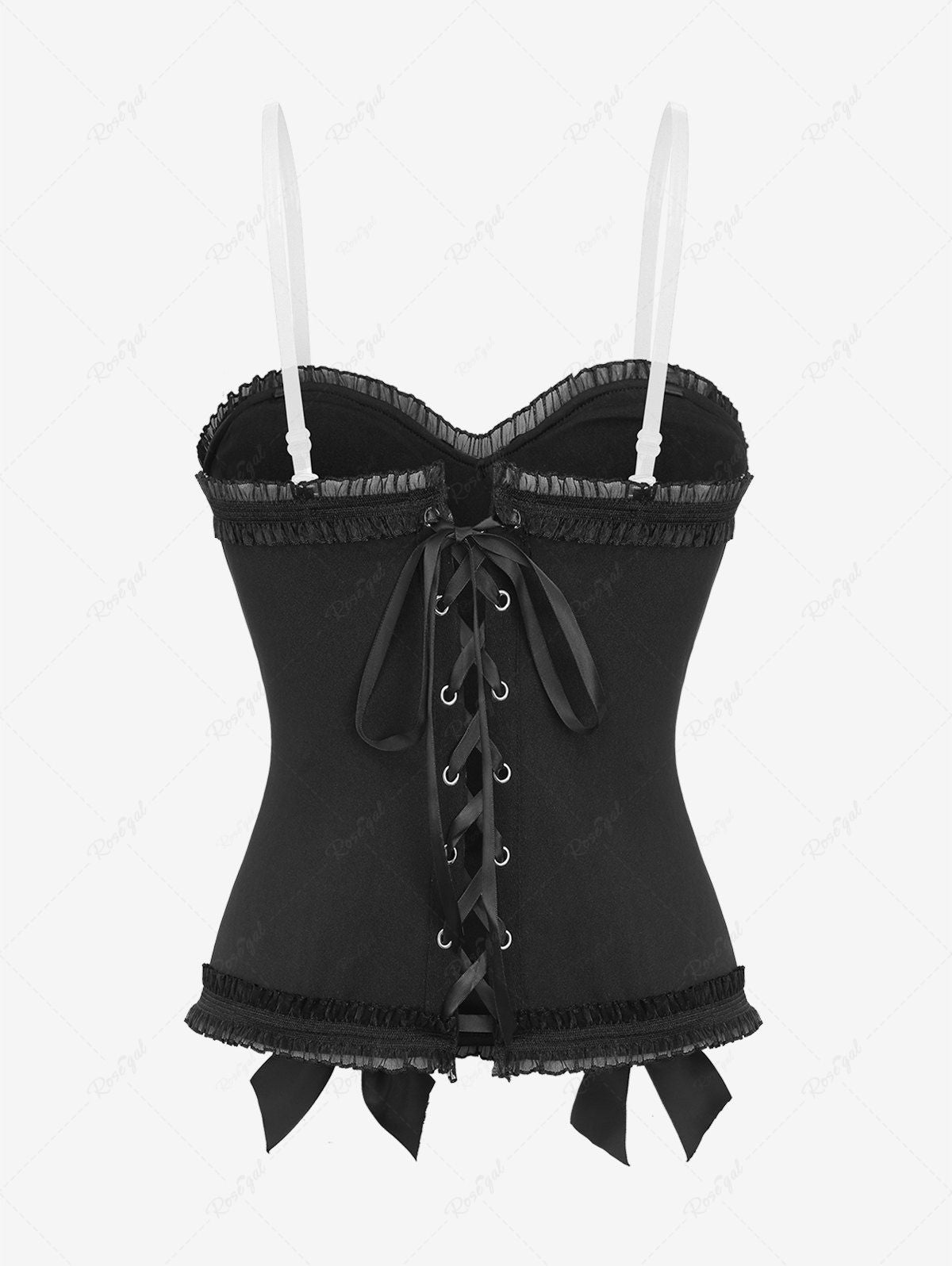 Gothic Heart Mesh Flocking Bowknot Ruffles Ruched Lace Up Corset with Adjustable Shoulder Strap