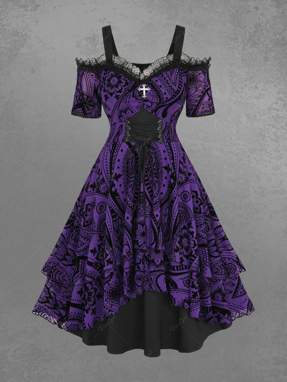 Gothic Grommets Lace Up Ruched Cross Floral Flocking Layered Ruffles Cold Shoulder A Line Tank Dress