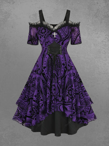 Gothic Plus Size Grommets Lace Up Ruched Cross Floral Flocking Layered Ruffles Cold Shoulder Halloween A Line Tank Dress