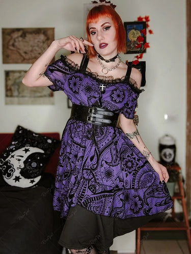 Gothic Plus Size Grommets Lace Up Ruched Cross Floral Flocking Layered Ruffles Cold Shoulder Halloween A Line Tank Dress
