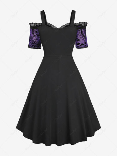 Gothic Plus Size Grommets Lace Up Ruched Cross Floral Flocking Layered Ruffles Cold Shoulder Halloween A Line Tank Dress