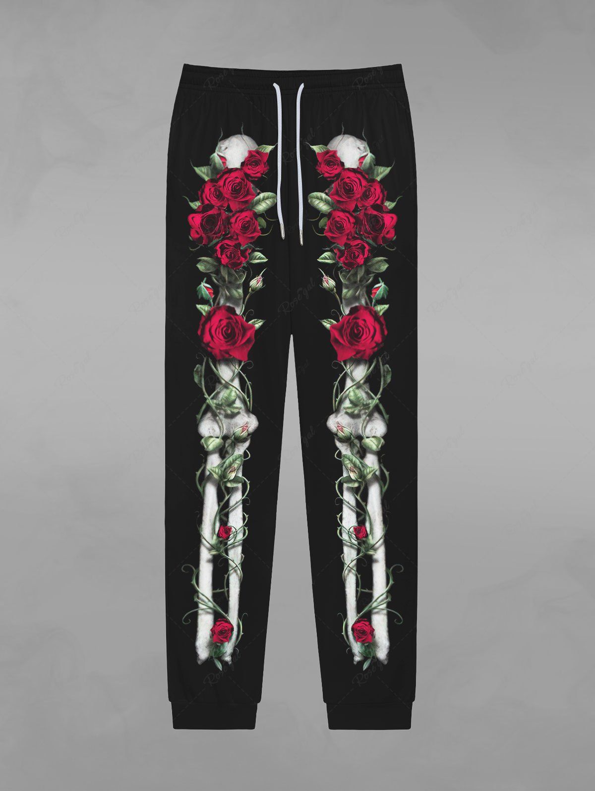 Gothic Skeleton Rose Flowers Print Drawstring Pockets Sweatpants For Men