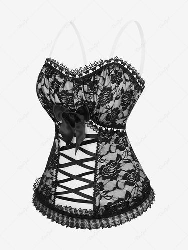 Gothic Plus Size Rose Flower Mesh Lace-up Braided Lace Trim Bowknot Corset With Adjustable Shoulder Strap