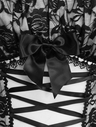 Gothic Plus Size Rose Flower Mesh Lace-up Braided Lace Trim Bowknot Corset With Adjustable Shoulder Strap
