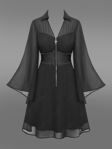 Gothic Plus Size Flare Sleeves Turn-down Collar Cross Half Zipper Lace Trim Layered PU Panel Corset Chiffon Solid Halloween A Line Dress